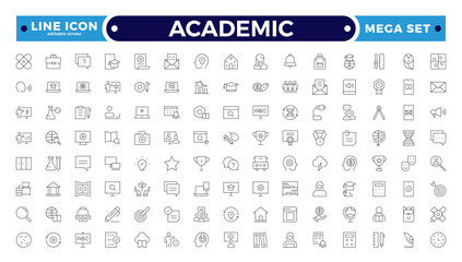Academic Outline icons of education, studying and science. Includes human brain, fields of study, graduation, school, university and knowledge. Designed for web, mobile. Editable stroke outline icon.