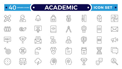 Academic Outline icons of education, studying and science. Includes human brain, fields of study, graduation, school, university and knowledge. Designed for web, mobile. Editable stroke outline icon.