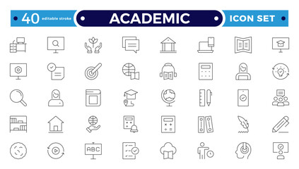 Academic Outline icons of education, studying and science. Includes human brain, fields of study, graduation, school, university and knowledge. Designed for web, mobile. Editable stroke outline icon.