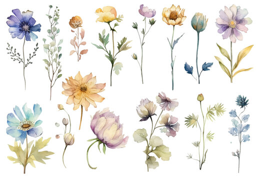 Vector watercolor painted style - flowers clipart isolated on white background.