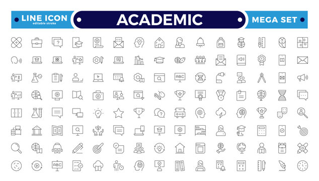 Academic Outline icons of education, studying and science. Includes human brain, fields of study, graduation, school, university and knowledge. Designed for web, mobile. Editable stroke outline icon.
