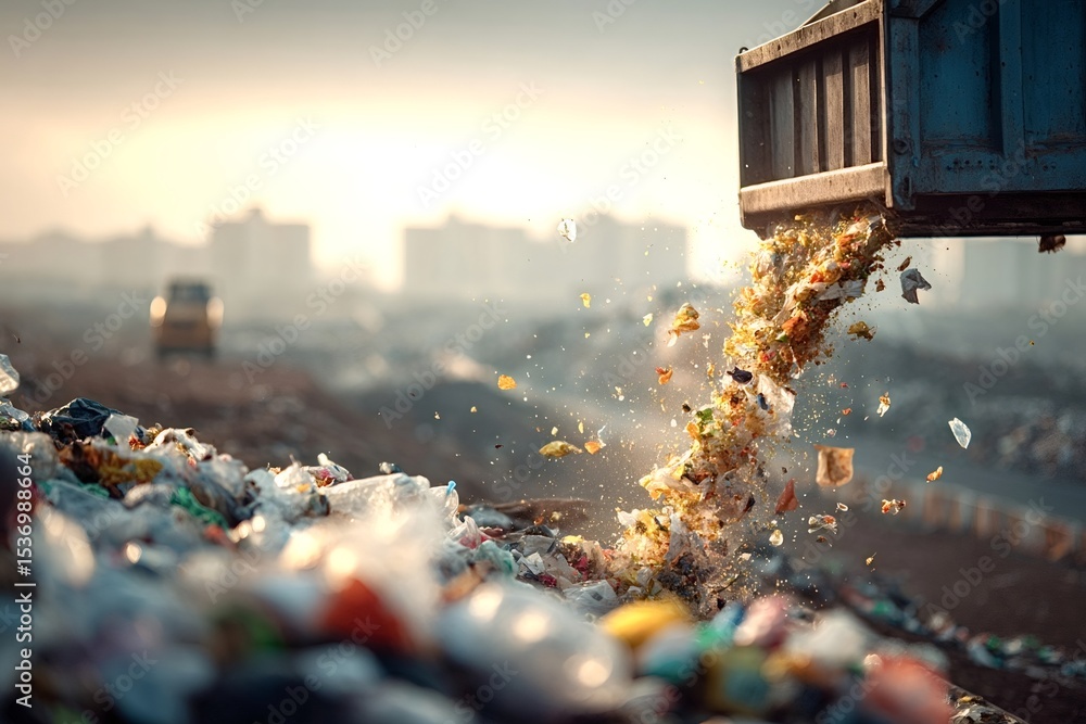 Poster garbage truck dumping waste on a landfill at sunset, creating pollution and exacerbating global warm