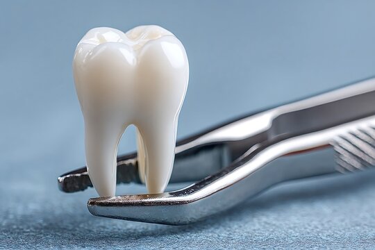 Dental extraction forceps are holding a healthy molar tooth, representing concepts of dentistry, oral hygiene, tooth extraction, dental care, and dental implants