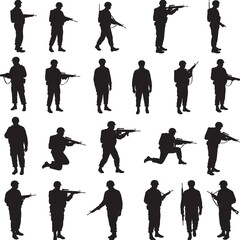Obraz premium Military Army Soldier Silhouette Set with Combat Poses and Weapons