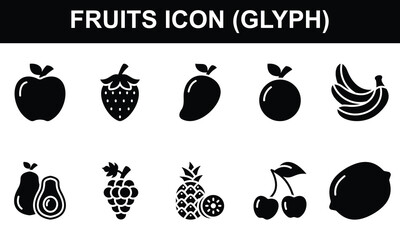 Fruits Icon Set Collection. Containing Apple, Strawberry, Mango, Orange, Banana, Avocado, Grape, Pineapple, cherry, Lemon. Simple Glyph Vector Illustration.