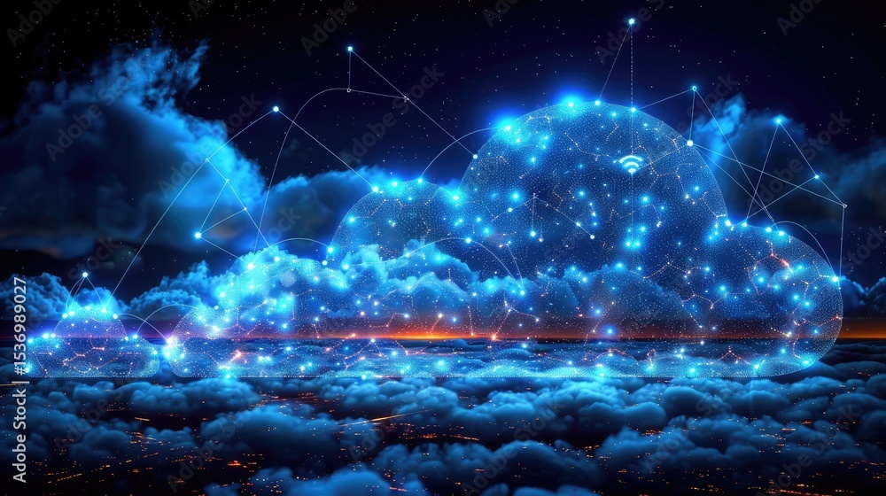 Poster futuristic ai chatbot emerging from cloud-shaped interface with holographic communication lines