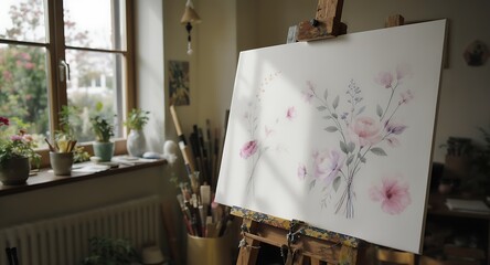 Floral Painting on Easel in Bright Art Studio