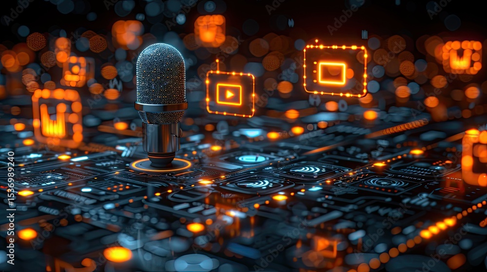 Poster symbolic chatbot represented by a glowing microphone surrounded by floating data icons
