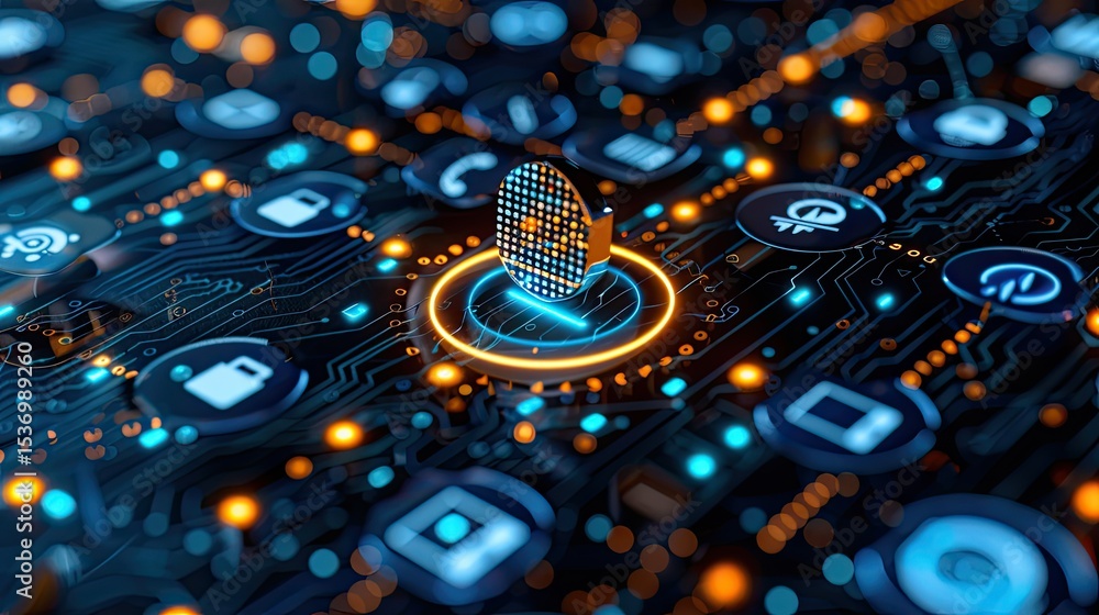 Poster symbolic chatbot represented by a glowing microphone surrounded by floating data icons