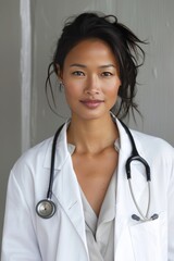 Portrait of a Confident Female Doctor Wearing a Pristine White Coat and Stethoscope Professional Healthcare Medical Worker Serious Expression Health Clinic Hospital Medicine Physician Wellness        