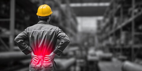 Worker in pain at factory: Back injury strikes during tough labor. Health is wealth. Safety first! #BackPain #WorkerSafety #InjuryPrevention