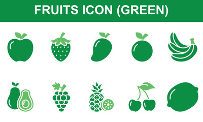 Fruits Icon Set Collection. Containing Apple, Strawberry, Mango, Orange, Banana, Avocado, Grape, Pineapple, cherry, Lemon. Simple Green Vector Illustration.