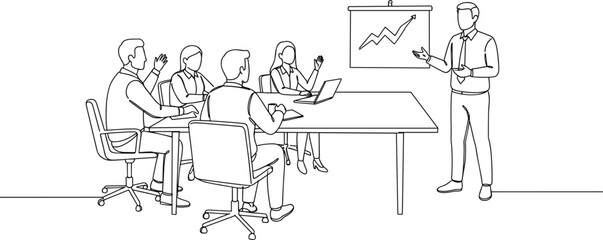 Business meeting illustration, corporate team discussion, office group strategy planning, professional collaboration, growth presentation concept, workplace productivity, line
