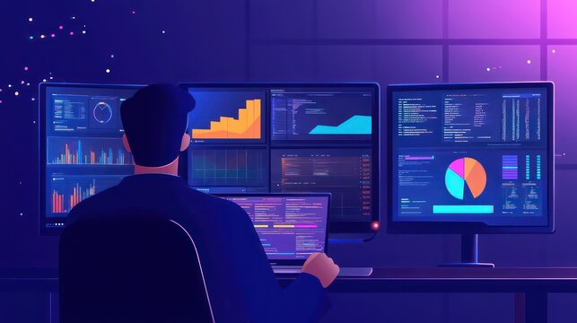 Data scientist analyzing predictive models with code and analytics on large display screens.