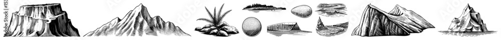 Poster vector abstract mountain range and peak illustrations in linear style.
