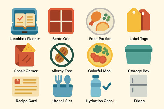 Icon set for meal planning and food storage essentials