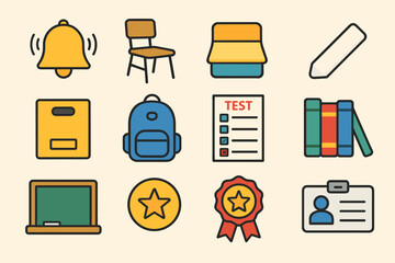 Colorful education icons: school supplies and learning elements in flat design