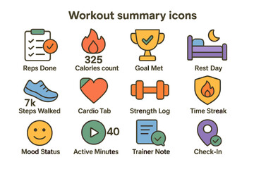 Colorful fitness tracking icons for effective workout summary and progress monitoring