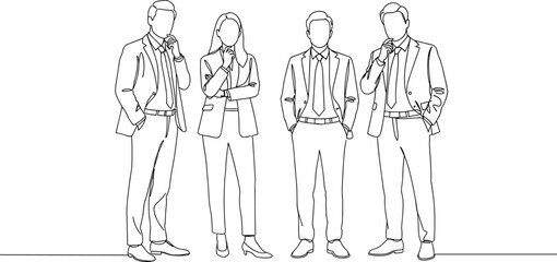 Business professionals standing, office team thinking, formal attire pose, leadership concept, corporate group, confident businesspeople, line art drawing, teamwork illustration,