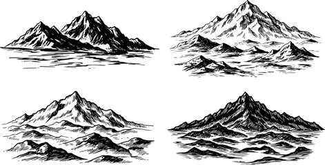 mountains vector, alpine mountain hills set silhouette vector art illustration
