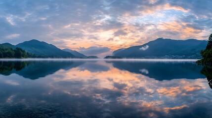 Panoramic shot of Mount Fuji reflecting in Lake Kawaguchi at sunrise