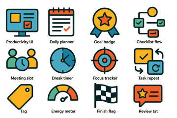 Set of icons for productivity ui with goal badges and task management tools