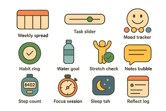 Bullet journal symbols: weekly spread, task slider, mood tracker, habit ring, reflect log