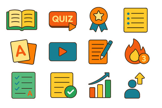 Colorful educational icons set featuring quiz, study, and achievement symbols