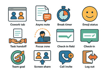 Interface icons for productivity tools: timer, emoji, user interface elements