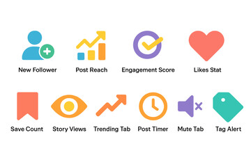 Bright social media icons with engagement, followers, reach, likes, and alerts