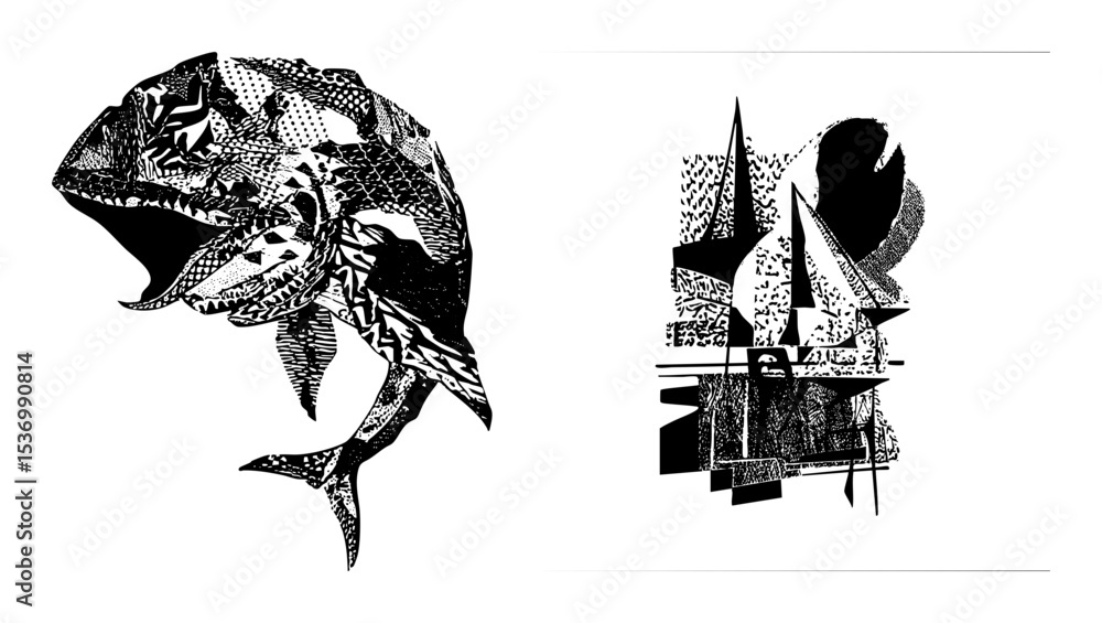 Poster vector abstract whale and sailboat vector illustrations with patterned details.
