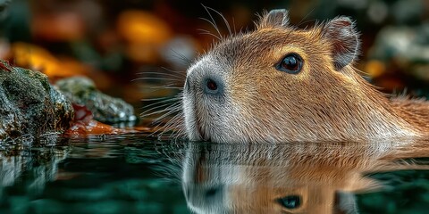 Capybara swimming in calm waters surrounded by rocks and autumn leaves in a serene natural setting