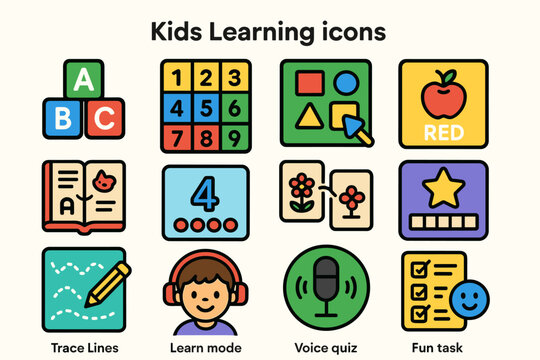 Educational icons for kids: learning tools and activities for early development