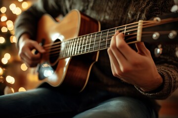 Fototapeta premium Person playing an acoustic guitar indoors with warm bokeh lighting in the background, creating a cozy and intimate atmosphere.