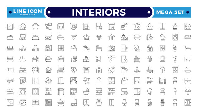 Interior and furniture Outline icon set. Thin line editable stroke icons for interior design, decoration, home styling, appliances, renovation, architecture. Editable stroke outline icon.
