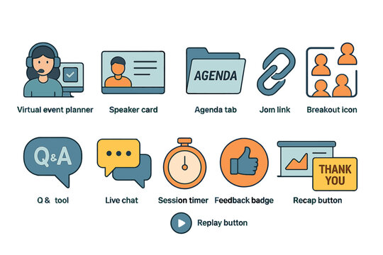 Virtual event tools overview: planner, speaker card, agenda, q&a, feedback badge