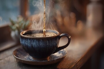 Hot steaming coffee is being poured into a dark blue ceramic cup standing on a saucer on a wooden table by a window, creating a cozy atmosphere