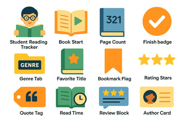 Colorful book and reading icons set with various features