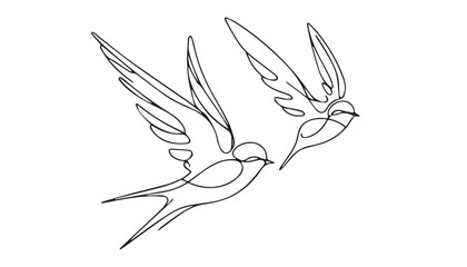 Continuous one single minimal line drawing Swallows birds