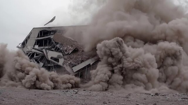 Dramatic building collapse in controlled demolition: dust and debris explosion captured in high definition