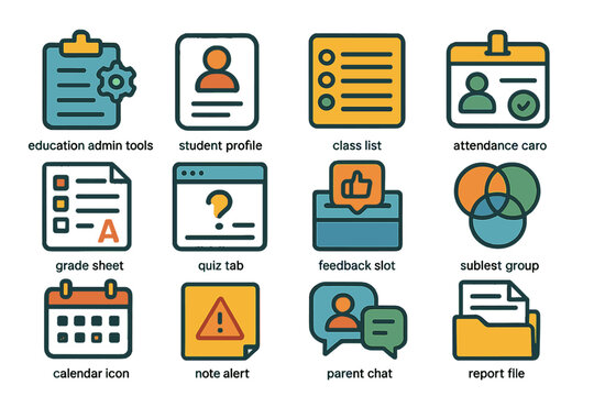 Education administration icons set: student profile, quiz, feedback, report file, class list