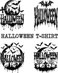 Collection of Vintage Halloween Graphics Featuring Bats and Haunted Typography
