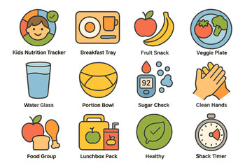 Kids nutrition tracker icons for healthy eating and hygiene education