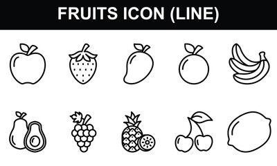 Fruits Icon Set Collection. Containing Apple, Strawberry, Mango, Orange, Banana, Avocado, Grape, Pineapple, cherry, Lemon. Simple Line Vector Illustration.