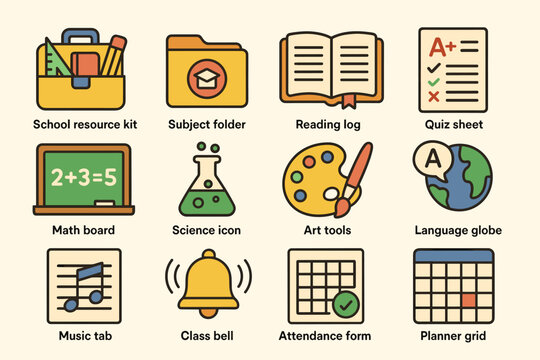 Educational icons set featuring school supplies and learning tools