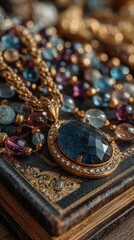 Obraz premium Vintage jewelry displayed on an ornate book, featuring colorful gemstones, intricate designs, and golden accents in natural light