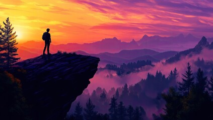 Obraz premium Silhouette of hiker atop cliff at sunrise