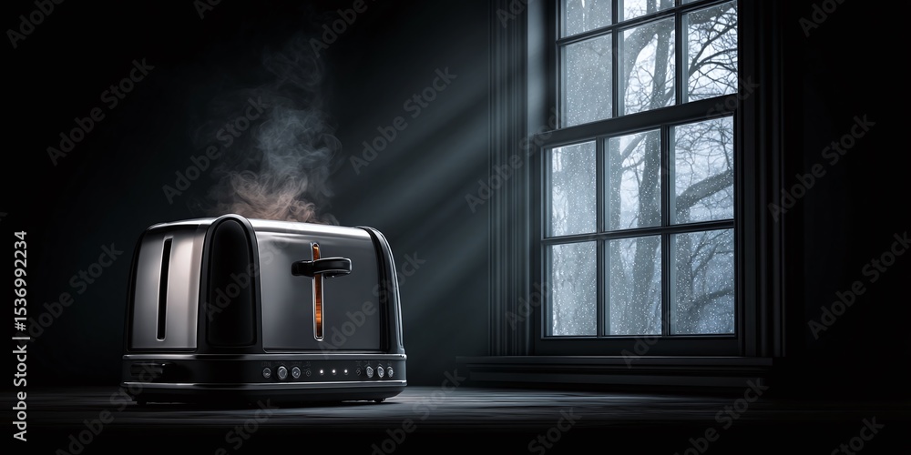 Poster cozy morning with a steaming toaster, creating a warm atmosphere in a room with a view of a rainy da