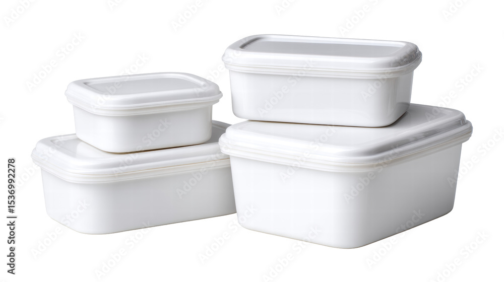 Poster white plastic containers isolated on transparent background with lids for storage