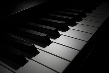 Naklejka premium Close-Up View of Piano Keys with Dramatic Lighting Enhancing Black and White Contrast. Close-up of piano keys